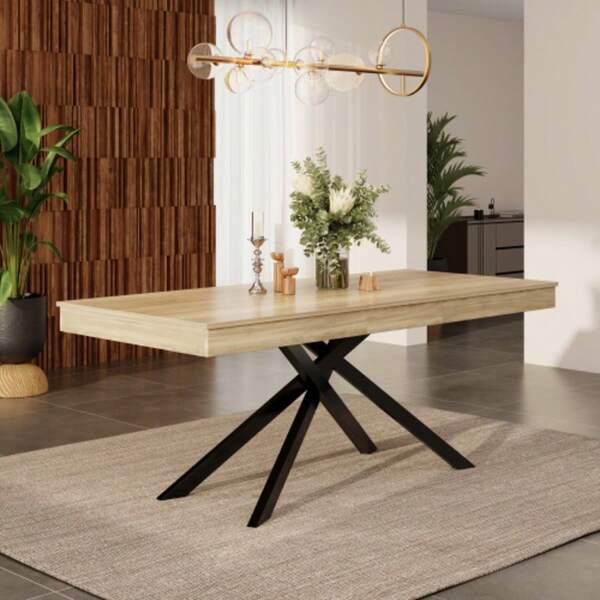 Extendable Dining Table, 140/180*80 Cm, Suitable For 6-8 People, Rectangular Shape, Thickened Tabletop, Metal Legs, Simple Style, Table For Dining Room, Kitchen, Living Room, Oak Color