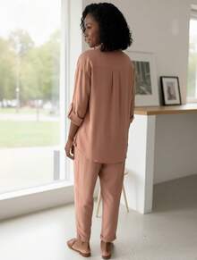 Women's Set: Pants And Shirt With Elastic Waistband, Comfortable, Casual, And Stylish For Everyday Wear. - 乾枯玫瑰色 - 查看 2