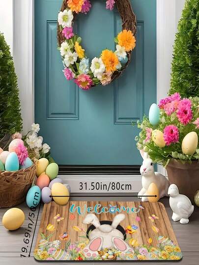 1pc Creative Easter Colorful Wooden Rabbit & Floral Sponge Print Doormat, Washable Home Mat, Holiday Decor Mat, Entryway Rug, Rectangular Decorative Rug