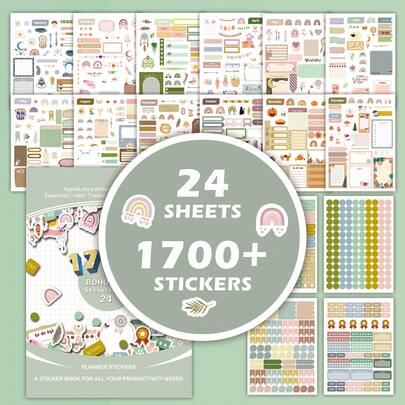 24 Pages/1700+ Stickers, BOHO Aesthetic Annual Planner Sticker Book, Bohemian Planner Sticker Book, Planner Stickers For Daily, Weekly, Monthly Planning, Planner Stickers, Coordinated Color Monthly Function Stickers, Daily Calendar Stickers, Aesthetic Notes, Scrapbooking, Planners, Budgets, Work, Events, Journals