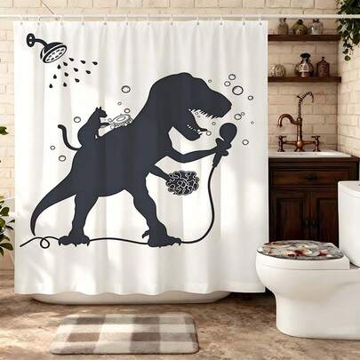 1pc Funny T-Rex Shower Silhouette Shower Curtain With Hooks, Humorous Bathroom Bathroom Shower Curtain, Dinosaur Cat Bath Time Bathroom Curtain For Fun Bathroom Decor, Playful Bubble Bath Accessories, Bath Supplies For Kids & Animal Lovers, Bold Shower Curtain For Whimsical Bathrooms, Durable Bathroom Shower Curtain For Funny Home Makeover