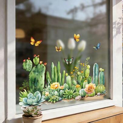 1/3 Stück Fensterfolie mit elektrostatischer Haftung. Abnehmbare, wasserdichte PVC-Folie mit Kaktus- und Sukkulenten-Muster. Geeignet für Wohnzimmer und Heimdekoration, wiederverwendbar.