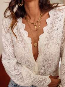 Women's Elegant Long Sleeve V-Neck Crochet Hollow Lace Blouse, Spring/Summer - White - View 5