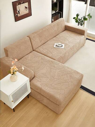 1pc Plush Leaf Pattern Stretch Sofa Cover, Nordic Modern Style Polyester Dust-Proof Anti-Slip Thickened Sofa Slipcover, Fit For 1/2/3/4 Seater Sofa, Especially Suitable For Autumn/Winter Sofa Decor, Pillow Cover Not Included