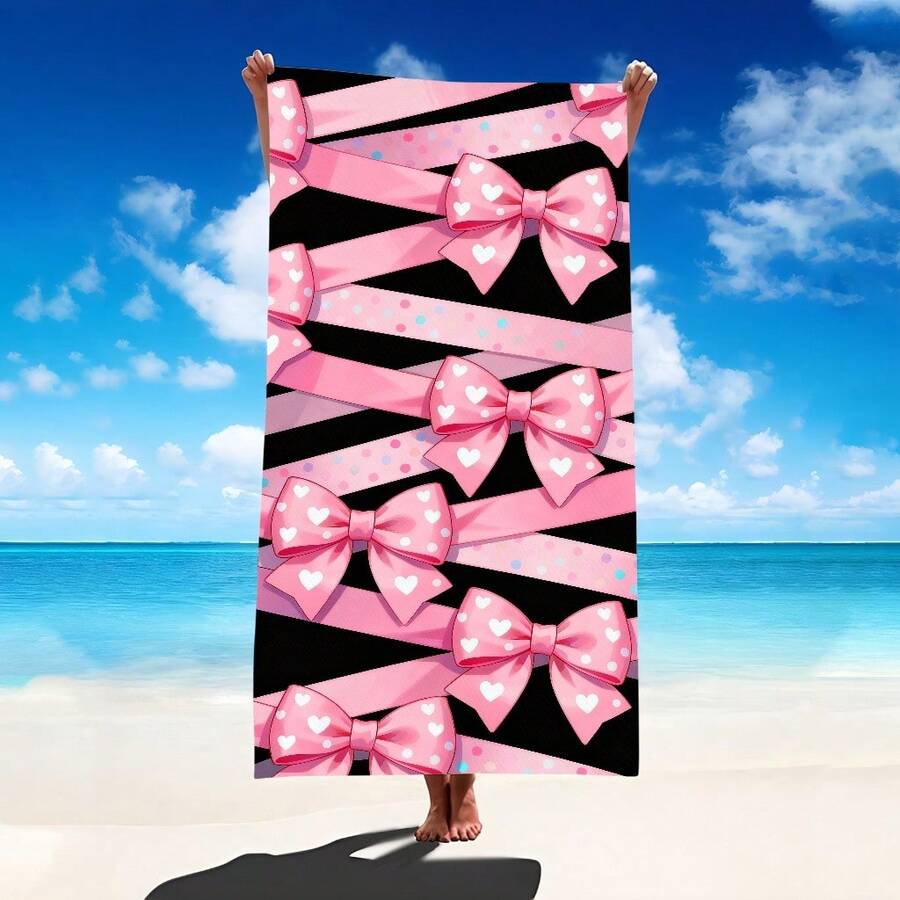 1 pieza Toalla de playa con lazo rosa, manta de playa extra grande de microfibra súper suave, toalla de baño súper absorbente, adecuada para viajes, piscina, buceo, surf, yoga, camping, disponible en varios tamaños, accesorios de playa para playa, piscina, viajes, camping, decoración de baño de yoga - A - Ver 1