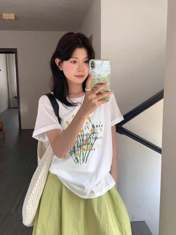 复古极简主义油画碎花宽松短袖T恤