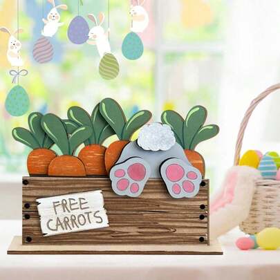 1pc Spring Easter Wooden Desktop Decorations, Easter Barrel Bunny Carrot Wooden Desktop Ornaments, Cute Easter Bunny Figurines, Suitable For Easter, Parties, And Other Desktop And Home Decorations