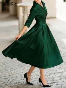 DONICY Đầm sơ mi dài tay cổ chéo sang trọng, ôm dáng dành cho nữ mùa thu/đông, chất liệu satin cao cấp, thích hợp cho hẹn hò, tiệc tùng, sự kiện kinh doanh và đi làm. - màu xanh lá - Xem 4