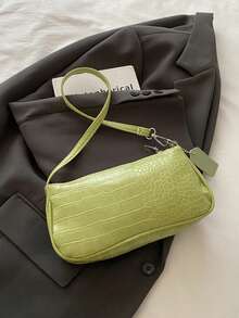 女士鳄鱼纹法棍包，新款时尚手提包，配有肩带，简约腋下包 - 綠色 - 查看 9