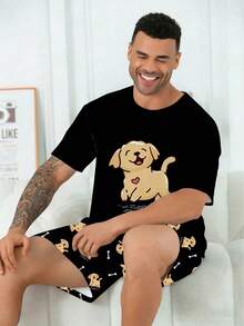 加大码男士睡衣套装 | 圆领短袖上衣和松紧腰休闲短裤两件套 | 涤纶针织面料，柔软透气，宽松版型 | 休闲设计，饰有心形、骨头和小狗图案 - 黑色 - 查看 5