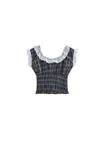 French Retro Lace Trim Square Collar Short Sleeve Blouse, Tie Waist Ruched Cropped Top For Summer Black - Black - View 5