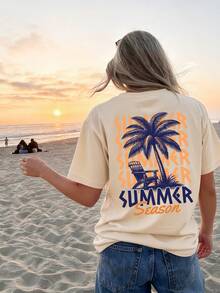 Summer Women's Ocean Beach Coconut Tree Letter Print Round Neck Camisole, Casual Loose Versatile Vacation Style Top, Suitable For Vacation And Summer Wear - Apricot - View 1