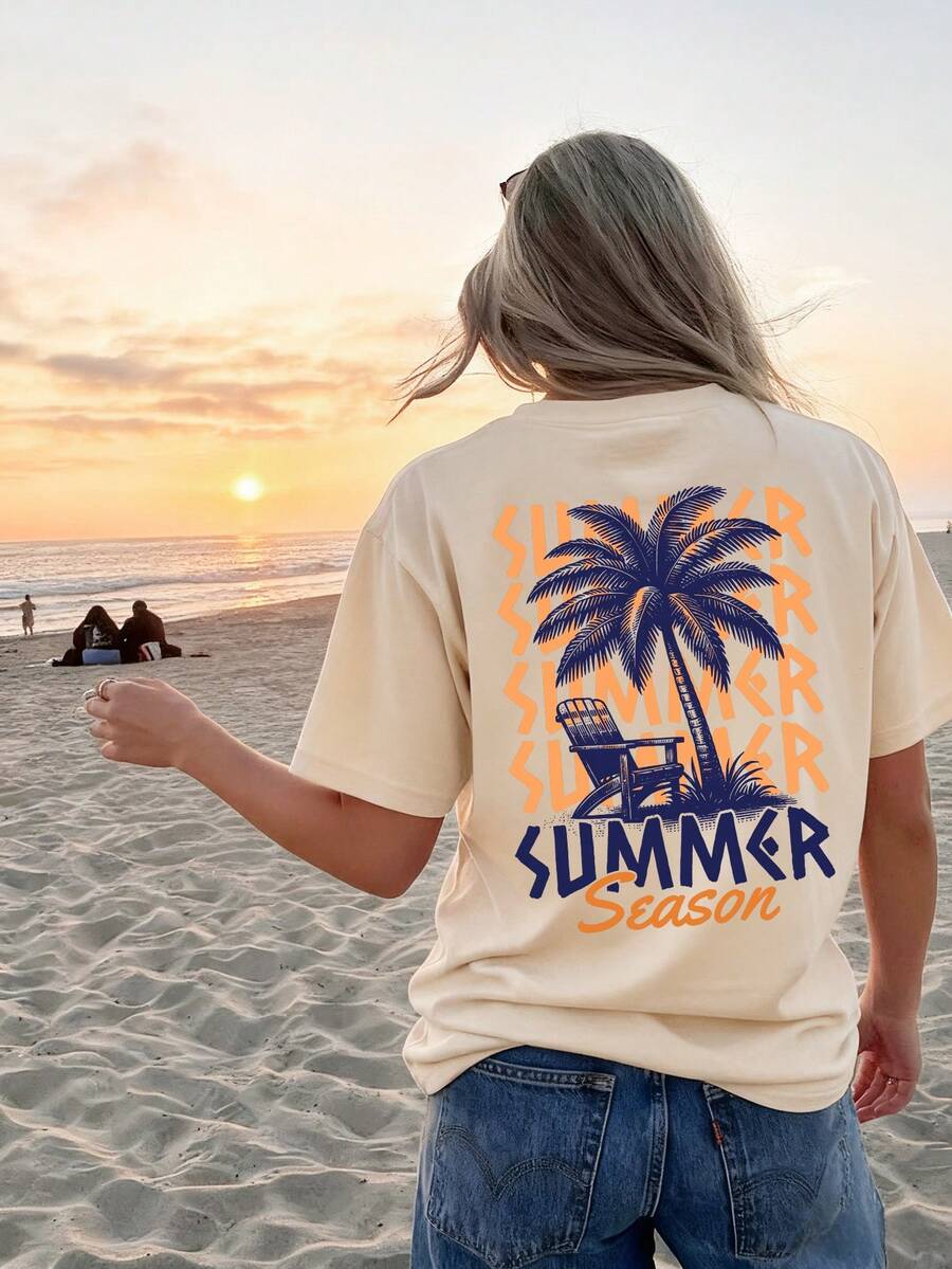 Summer Women's Ocean Beach Coconut Tree Letter Print Round Neck Camisole, Casual Loose Versatile Vacation Style Top, Suitable For Vacation And Summer Wear - Apricot - View 1