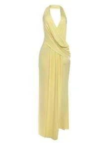 Sunshine Yellow Evening Gown, Fashionable Neck-Revealing Backless Deep V-Neck Sexy Slit Floor-Length Dress For Women, Glamoratti Aesthetic De Skirt - Màu vàng - Xem 10