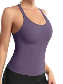 1pc Women's Solid Color Ribbed Padded Sports Bra Camisole Top For Daily Workout - Dusty Purple - View 7