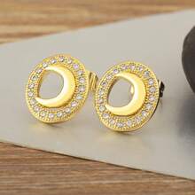 High Quality Gold Plated Shiny Crystal Zirconia Oval Shape Moon Stud Earrings For Women Hollow Design Fashion Versatile Ear Jewelry - White - View 8
