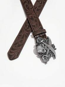 1 chiếc thắt lưng da PU màu cà phê với khóa hình đầu lâu và họa tiết hoa cổ điển. - Khóa thắt lưng cướp biển màu nâu - Xem 5