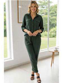 Women's Set: Pants And Shirt With Elastic Waistband, Comfortable, Casual, And Stylish For Everyday Wear. - Màu xanh lá cây đậm - Xem 2