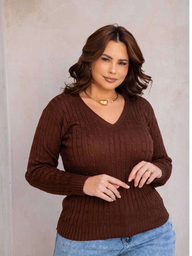Women's Plus Size Knit Blouse With Braided Detail, V-Neck, Long Sleeves, Casual Style - 咖啡棕 - 查看 7