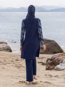 Bộ đồ bơi kín đáo 3 món gồm áo dài tay, quần dài và mũ trùm đầu, kiểu Trung Đông, đồ bơi kín đáo toàn thân cho nữ mùa hè đi biển. - Màu xanh lam - Xem 2