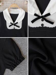 夏季黑白撞色针织迷你连衣裙 - 优雅纯正的Yurty甜美休闲学院风街头Y2K短袖彼得潘领蝴蝶结装饰荷叶边袖口修身A字女装连衣裙及上衣 | 适合年轻女士、甜美女孩、Y2K女孩和性感女孩，完美适用于情人节/妇女节/母亲节/休闲聚会/海滩度假/派对聚会/返校季/婚礼季/音乐节/2026春季学院风针织连衣裙 - 黑色 - 查看 10