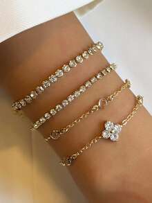 4pcs Cubic Zirconia Four-Leaf Clover Decor Bracelet Set, Stackable Crystal Chain Bracelet Suitable For Women Daily, Party, Banquet Wear, Holiday Gift - Yellow Gold - View 1