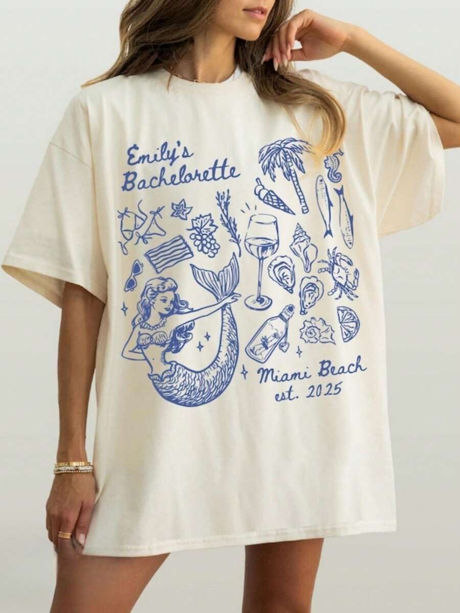 1pc Custom Mermaid Bachelorette T-Shirts, Coastal Bach Party Tees, Personalized Gift For Valentine Day/Engagement/Wedding/Holiday/Daily Life - 白色 - 查看 1