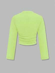 Nueva blusa elegante de manga larga con cuello redondo y volantes de unicolor, adecuada para vacaciones, citas, escuela, viajes y uso diario en primavera - verde tierno - Ver 7