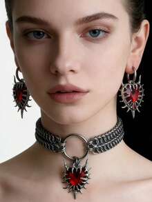 1 件朋克心形铆钉吊坠项链，金属彩色项链适合派对、节日、表演服装搭配 - 銀色 - 查看 14