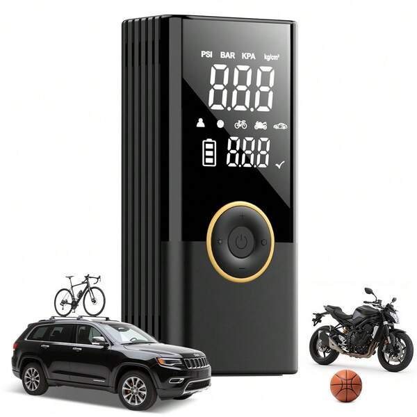  Carsun Portable Wireless Tire Inflator Pump, 5 Intelligent Preset Tire Pressure Modes, Auto Shut Off After Inflation, Turn You Into A Tire Pressure Safety Master, With LED Light, Rear Storage Box - Solve Lost Valve Issue, Dual Display Bicycle Air Pump, ABS Resin + Copper Motor High-Standard Materials, Automotive Accessory - Suitable For Cars, Motorcycles, Bicycles, Balls, Inflatables, Balloons