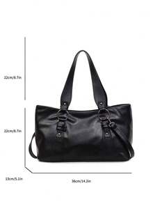 1 Peça Bolsa Tote de Couro PU Retrô de Cor Sólida Feminina, de Grande Capacidade, Estilo Minimalista Europeu e Americano da Moda, Adequada para Ir e Vir, Escritório, Compras, Presente - Preto - Visão 3