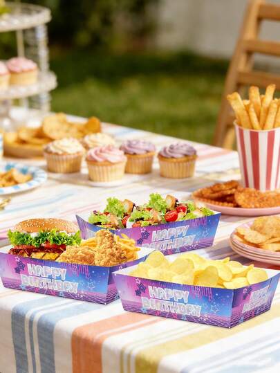 20pcs/40pcs/60pcs Gradient Purple Kpop Happy Birthday Paper Food Boats Disposable Singer Star Paper Food Tray Disposable Serving Tray Cardboard Hot Dog Holder For Burgers Fries Sandwiches Picnic Girl Party Supplies
