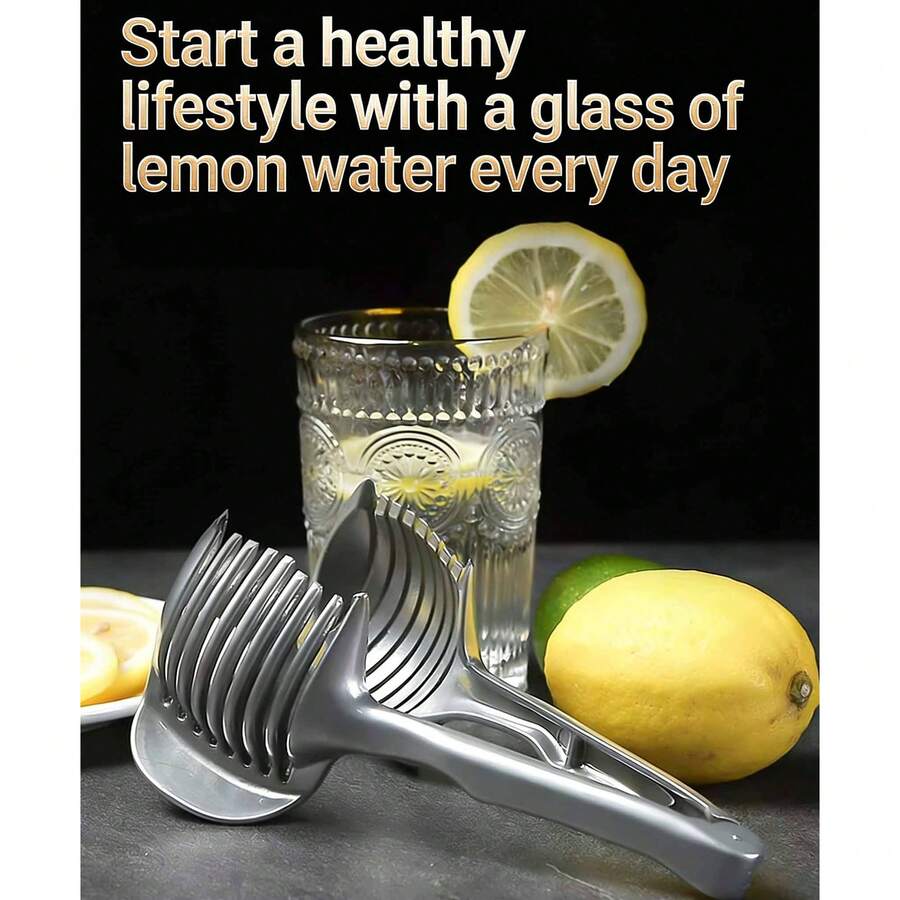 1pc Stainless Steel Tomato Lemon Slicer Stand, Round Fruit Onion Julienne Cutter Guide Clip With Handle, Kitchen Potato Lime Vegetable Slicer Rack