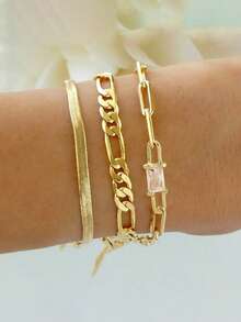 Set de 3 piezas Pulsera de cadena con clips de papel cuadrados para hombres, accesorio ligero y elegante para el día a día - Amarillo Oro - Ver 1