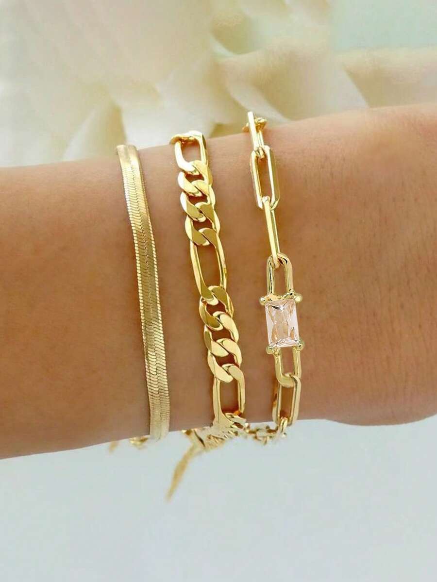 Set de 3 piezas Pulsera de cadena con clips de papel cuadrados para hombres, accesorio ligero y elegante para el día a día - Amarillo Oro - Ver 1
