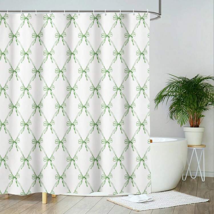 1pc Green Bow Shower Curtain, Modern Aesthetic Shower Curtain Suitable For Bathroom Bathtub Partition, Bathroom Shower Curtain Decoration, Bathroom Accessories - A - View 2