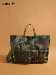 Original New Product Camouflage Green Tote Bag With Color Contrast Splicing Large Capacity Tote Bag Sports Bag Multi Pocket Tote Bag Travel Bag Shoulder Bag, Valentine's Day Halloween Christmas Gift Suitable For Work, Vacation, Travel, Shopping, Daily Party Activities Music Festival Autumn/Winter Edition - 迷彩綠 - 查看 1