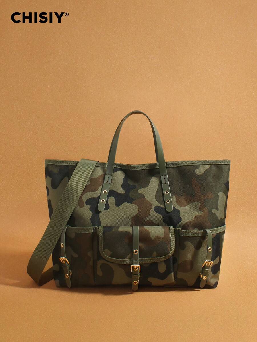 Original New Product Camouflage Green Tote Bag With Color Contrast Splicing Large Capacity Tote Bag Sports Bag Multi Pocket Tote Bag Travel Bag Shoulder Bag, Valentine's Day Halloween Christmas Gift Suitable For Work, Vacation, Travel, Shopping, Daily Party Activities Music Festival Autumn/Winter Edition - 迷彩綠 - 查看 1