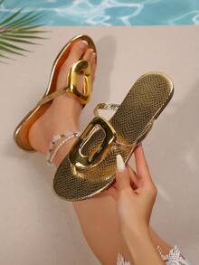 Dép xăng đan đế bằng màu vàng ánh kim dành cho nữ | Dép xỏ ngón quai vuông | Dép đi ngoài trời thường ngày, trang phục đi biển, trang phục mùa xuân hè - Vàng - Xem 5