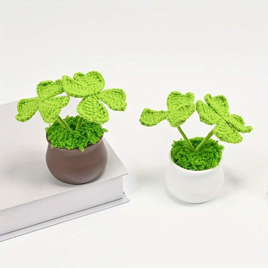 Artificial Plant Potted, Hand-Crocheted Four-Leaf Clover Potted Plant, Home/Office Desk Decor, Unique Handmade Woven Gift For Wife/Girlfriend/Sister/Mother, Valentine's Day/Birthday/New Year Decoration
