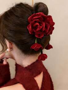 1pc Women Velvet Rose Flower Ribbon Hair Clip, Suitable For Daily Wear And Party Occasions - Red - View 1