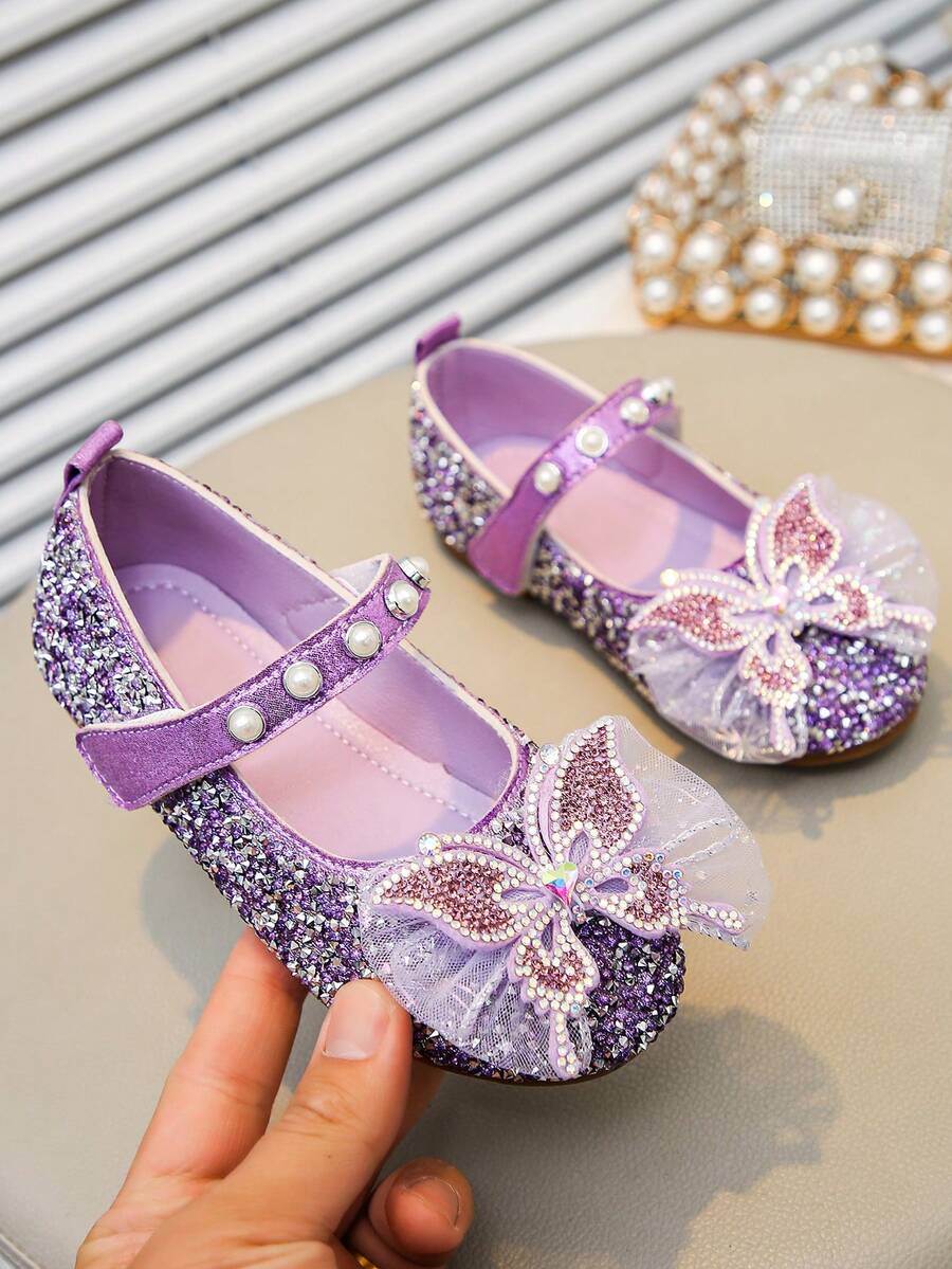 Girls' Princess Flat Shoes With Bow, Rhinestone & Pearl Decor, For School/Campus - Purple - View 1