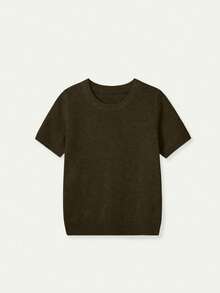 New Spring/Summer Women's Knit Short Sleeve Top, Casual Minimalist Style Olive Solid Color Crew Neck Pullover, Suitable For Daily Wear And Commuting - Army Green - View 4
