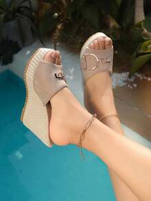 Giày sandal đế xuồng thời trang nữ, quai ngang dệt kim khóa vàng, giày cao gót đế xuồng, đa năng cho sinh hoạt hàng ngày, đi làm, giải trí, du lịch, dự tiệc. - Màu be - Xem 7