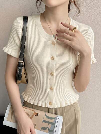 Delicado cárdigan de punto con volantes en el bajo, de manga corta, estilo coreano para primavera/verano, versátil como prenda de abrigo