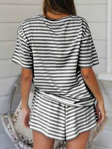 2-Piece Set, Simple And Fashionable, Stripes, Contrast Colors, Four Seasons, New Style, Loose, Casual, Tassel Drawstring, Pockets, Short-Sleeved Shorts, Home Clothes Set, Suitable For Family Wear - Dark Grey - View 4
