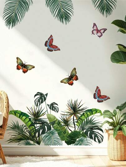 1片大型热带棕榈叶墙贴，绿色植物墙贴，蝴蝶图案可移除艺术装饰，适用于客厅、卧室、办公室、电视背景墙