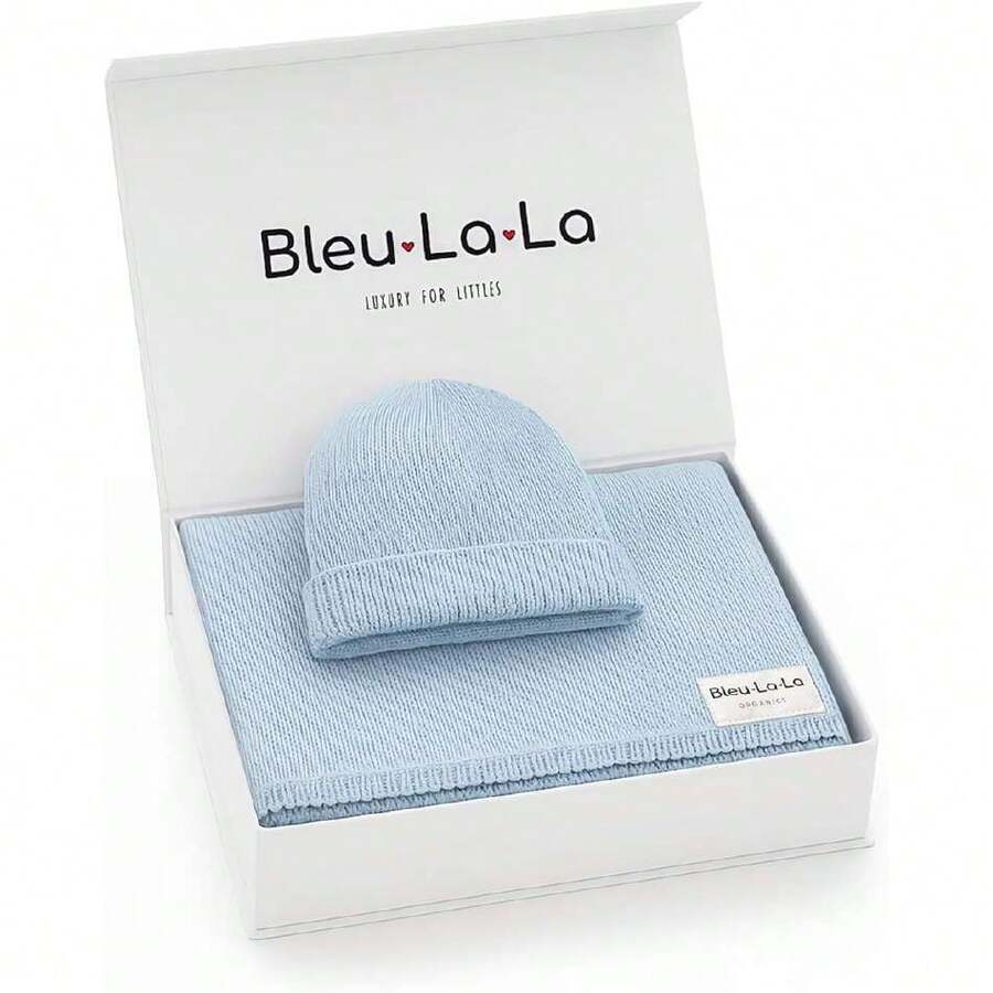 Luxe Collection - Juego de Manta de bebé de Punto 100% orgánico y Gorro (Azul Cielo),41015250 - Champán - Ver 1