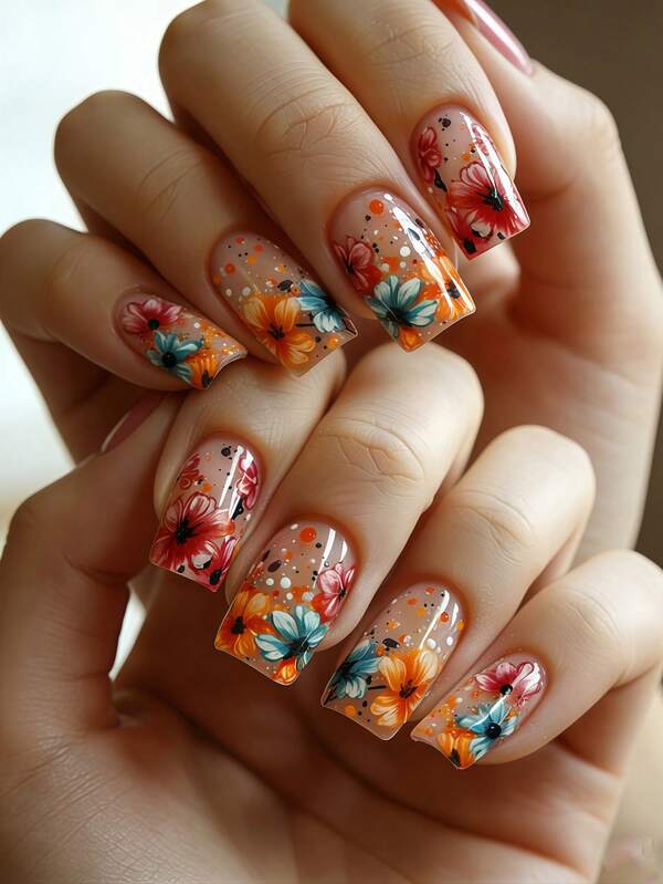 Instantly Upgrade Your Look With 24pcs Press On Nails Medium Square Nails Spring And Summer Red Flower Apricot Colored Nails Full Coverage Fake Nails For Women And Girls Includes 1sheet Adhesive Tabs & 1pc Mini Files Suitable For Party Date And Office Daily Wear False Nails Jelly Glue Is Randomly Shipped Nail Supplies