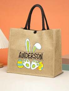Customized Easter Canvas Tote Bag With Name, Easter Egg Hunt, Personalized Easter Gift, Burlap Bag With Easter Bunny Print, This Is A Printed Product - Multicolor - View 7